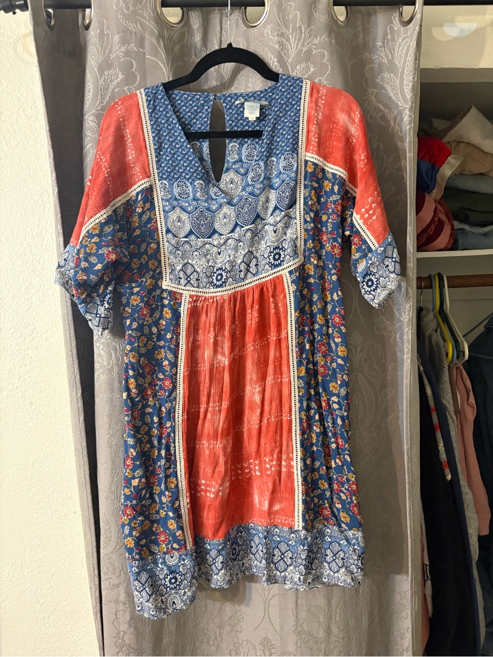 Sundance Blue and Coral Mixed-Print Patchwork Midi Dress